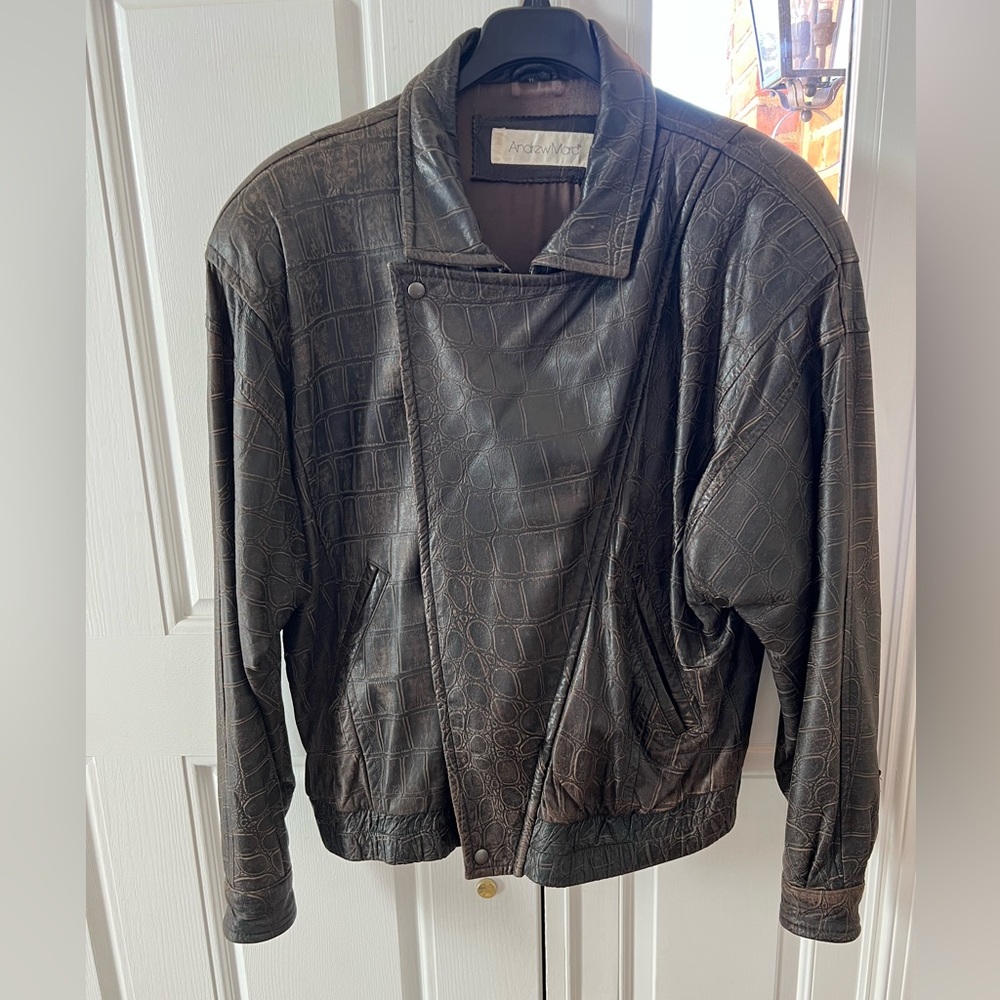 Vintage Andrew Marc Brown Genuine Leather Jacket Mens Size XL Croc Embossed